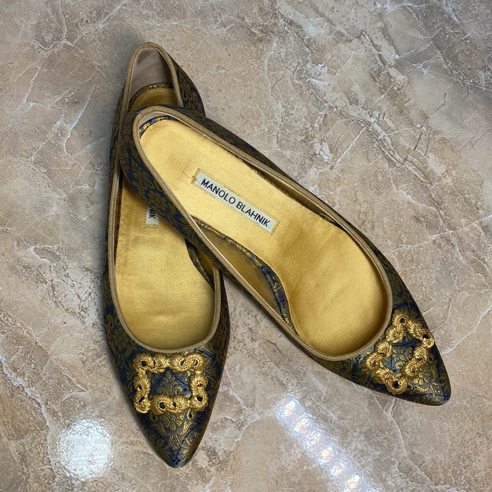 Manolo Blahnik Brocade Remota Embroidered Flat Shoes